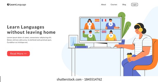 E-learning at home. Landing page template. Young woman chooses a course to study a foreign language on website. Online courses and distance education concept. Modern homepage or banner design. Vector.