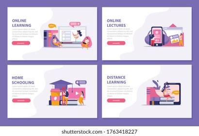 E-learning home schooling flat 4x1 set of horizontal banners with editable text and clickable buttons vector illustration