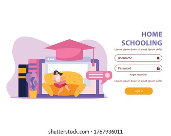 E-learning home schooling flat background web site authorization page with composition of remote education images vector illustration