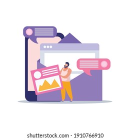 E-learning home schooling flat composition with stack of envelopes with messaging bubbles vector illustration