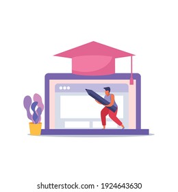 E-learning home schooling flat composition with academic hat on top of laptop vector illustration