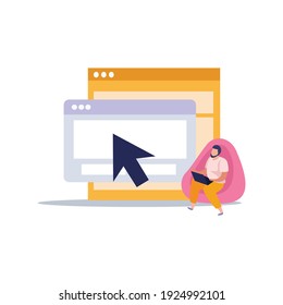 E-learning home schooling flat composition with stack of computer windows with man in chair vector illustration