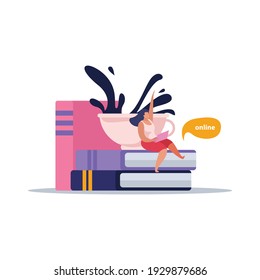 E-learning home schooling flat composition with cup of coffee and stack of books vector illustration