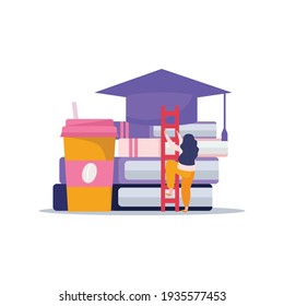 E-learning home schooling flat composition with stack of books ladder and coffee cup vector illustration