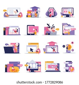 E-learning home schooling flat icons collection of isolated images human characters and books with computers vector illustration