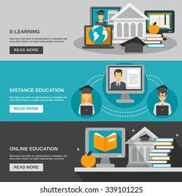 E-learning horizontal banner set with flat distance education elements isolated vector illustration