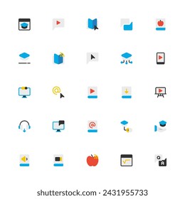 E-Learning Icon Collection. Pixel Perfect Education Flat Style 2D Icon