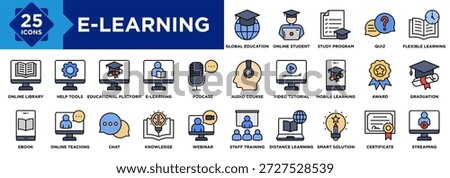E-Learning icon collection set. Containing Global Education, Online Student, Study Program, Quiz, Flexible Learning, Staff Training, Smart Solution, Certificate, Award icon