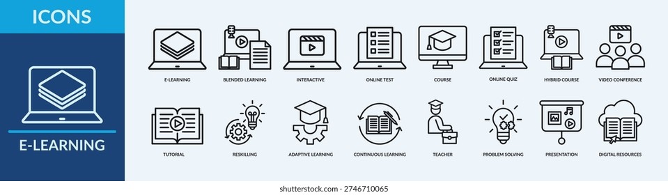 E-Learning - Icon Collection. Thin outline Set contains such Icons as online test, hybrid course, tutorial and more. Outline icon symbol collection