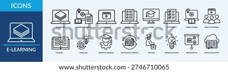 E-Learning - Icon Collection. Thin outline Set contains such Icons as online test, hybrid course, tutorial and more. Outline icon symbol collection