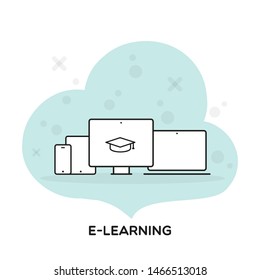 eLearning icon. Concept of web training, courses, graduation, webinar or online education. Vector illustration, flat design