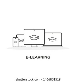 eLearning icon. Concept of web training, courses, graduation, webinar or online education. Vector illustration, flat design