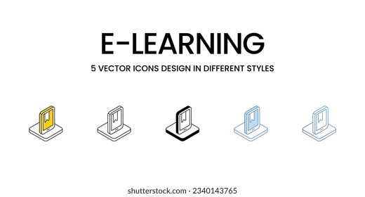 E-learning Icon Design in Five style with Editable Stroke. Line, Solid, Flat Line, Duo Tone Color, and Color Gradient Line. Suitable for Web Page, Mobile App, UI, UX and GUI design.