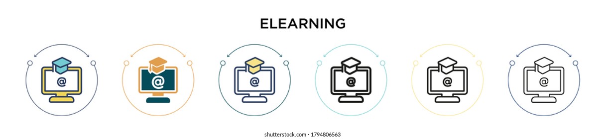 Elearning icon in filled, thin line, outline and stroke style. Vector illustration of two colored and black elearning vector icons designs can be used for mobile, ui, web