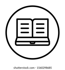 e-Learning icon. Laptop computer combined with book. Simple line icon. Isolate on white background. Vector.