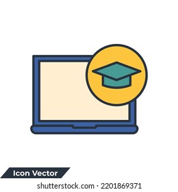 e-learning icon logo vector illustration. Graduation cap on screen laptop symbol template for graphic and web design collection