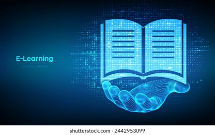 E-learning icon made with binary code in wireframe hand. Online education. Webinar, teaching, online training courses. Digital binary data streaming digital code background. Vector illustration.