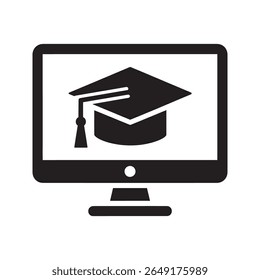 E-learning icon for online education digital course and virtual webinar training with a graduation cap on a computer monitor for remote learning vector solid glyph icon