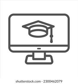 E-learning icon. online graduation. isolated online education sign. digital training flat line pictogram. suitable for education business app and websites.