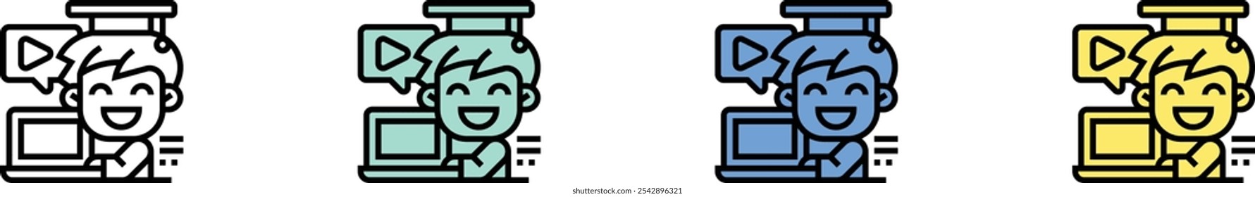 Icono de eLearning. Esquema, diseño de estilo verde, azul y amarillo aislado sobre fondo blanco