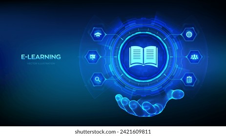 E-learning icon in robotic hand. Innovative online education and internet technology concept. Webinar, teaching, online training courses. Skill development. Vector illustration.