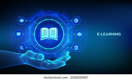 E-learning icon in robotic hand. Innovative online education and internet technology concept. Webinar, teaching, online training courses. Skill development. Vector illustration.