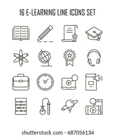 E-learning icon set. Collection of education thin line icons. 16 high quality outline signs of training on white background. Pack of symbols for design website, mobile app, printed material, etc.
