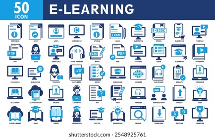 E-Learning Icon Set Collection. Simple Color Fill Vector