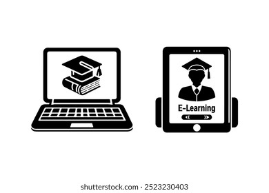 E-learning icon set, Digital education icon set with laptop and tablet on white background