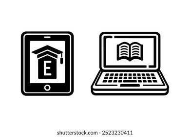 Conjunto de ícones de e-learning, Conjunto de ícones de educação digital com laptop e tablet em fundo branco