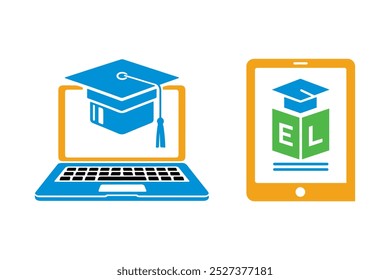E-learning icon set, Digital education icon set with laptop and tablet on white background