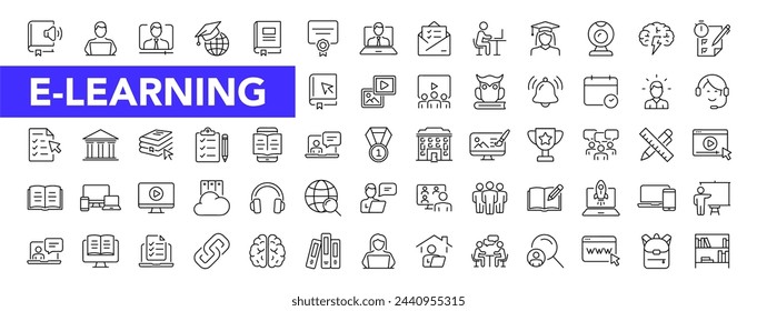 E-learning icon set with editable stroke. Online education thin line icon collection. Vector illustration