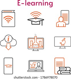 e-learning icon set. included chemistry, audiobook, study, professor, cap, information, microscope icons. bicolor styles.