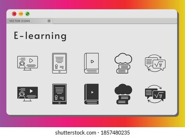 e-learning icon set. included cloud library, tablet, ebook, instructor, homework icons on white background. linear, filled styles.