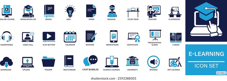 E-learning icon set Laptop, Online Course, Graduation Cap, Books, You can easily change the color.