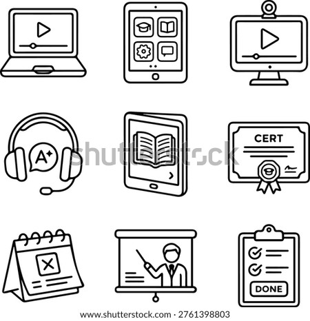 E-learning icon set with laptop tablet and online course for digital distance education