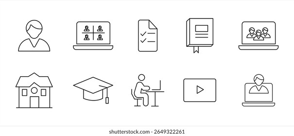 ícone de e-learning definido no estilo de linha. Ícones de treinamento online para aplicativos móveis e da Web. Aprendizagem a distância, tutoriais em vídeo, palestras on-line, escola, universidade. ilustração vetorial