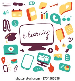 E-learning icon set. Online education symbols. Flat vector illustration