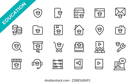 Juego de iconos de e-learning. Juego de iconos de educación en línea. Iconos de línea delgada configurados. Aprendizaje a distancia. Conteniendo clases de vídeo, e-learning, curso en línea, curso de audio, sitio web educativo