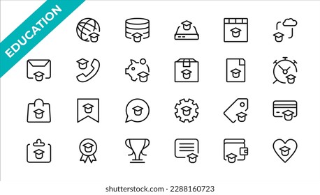 E-learning icon set. Online education icon set. Thin line icons set. Distance learning. Containing video tuition, e-learning, online course, audio course, educational website