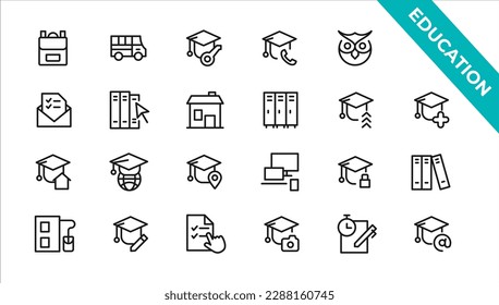 E-learning icon set. Online education icon set. Thin line icons set. Distance learning. Containing video tuition, e-learning, online course, audio course, educational website