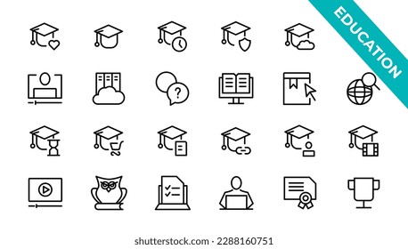 E-learning icon set. Online education icon set. Thin line icons set. Distance learning. Containing video tuition, e-learning, online course, audio course, educational website