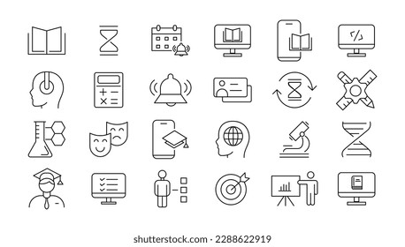 E-learning icon set. Online education icon set. Thin line icons set. Distance learning. Containing video tuition, e-learning, online course, audio course, educational website. Vector illustration.
