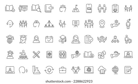 E-learning icon set. Online education icon set. Thin line icons set. Distance learning. Containing video tuition, e-learning, online course, audio course, educational website. Vector illustration.
