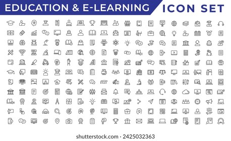 E-learning icon set. Online education icon set. Thin line icons set. Distance learning. Containing video tuition, e-learning, online course, audio course, educational website