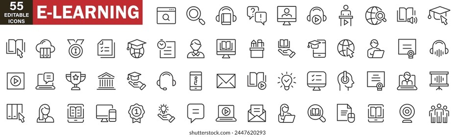 E-learning icon set. Online education icon set. outline icons set. Distance learning. video tuition, e-learning, online course, audio course, educational website. on white background icons editable,