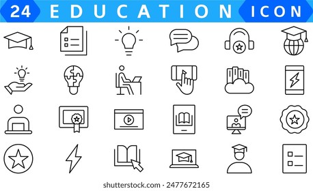 E-learning icon set. Online education icon set. Thin line icons set. Distance learning. Containing video tuition, e-learning, online course, audio course, educational website