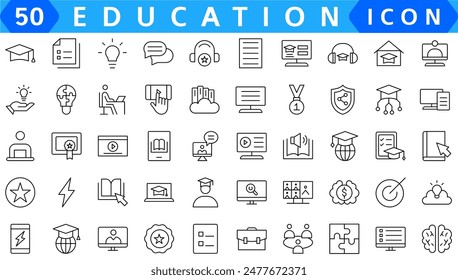 E-learning icon set. Online education icon set. Thin line icons set. Distance learning. Containing video tuition, e-learning, online course, audio course, educational website