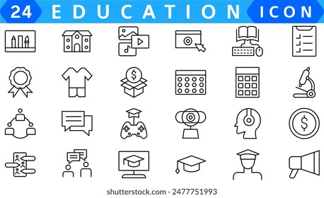 E-learning icon set. Online education icon set. Thin line icons set. Distance learning. Containing video tuition, e-learning, online course, audio course, educational website