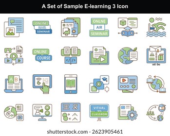 E-Learning Icon Set Online Education Study Training, School Teaching Digital Learning Symbols